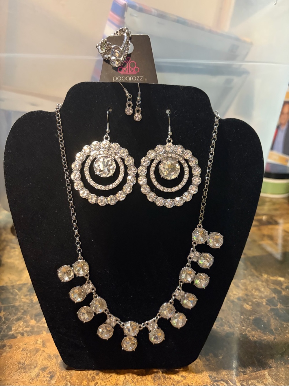 paparazzi Silver Clear Crystal Necklace and Earring Set with ring!